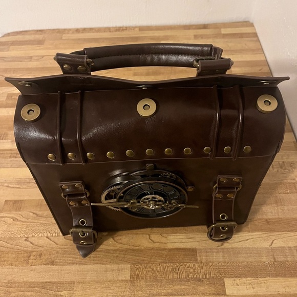 Penny Dreadful Steampunk Clock Brown Faux Leather Studded Buckles Details Bag - Picture 7 of 12